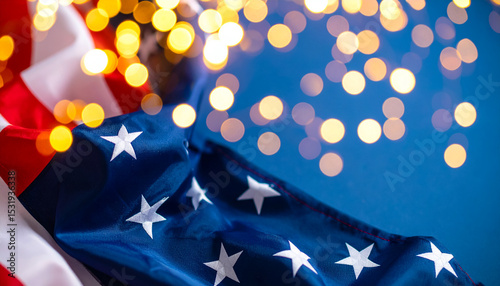 American Flag on Navy Background and Bokeh with Copy Space for Text