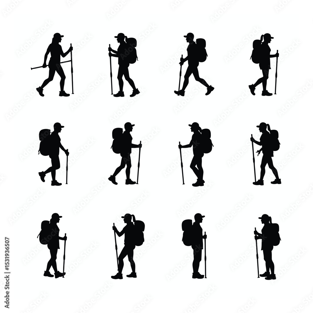 Fototapeta premium Twelve silhouettes of female hikers with backpacks and trekking poles