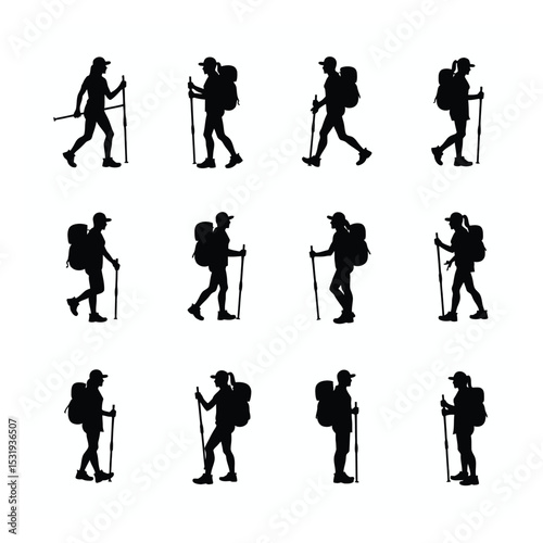 Twelve silhouettes of female hikers with backpacks and trekking poles