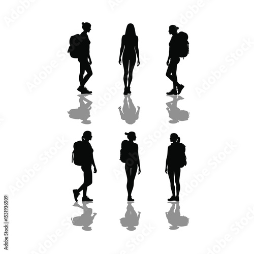 Six female hikers silhouettes with backpacks various poses