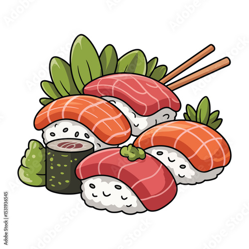 Wooden plate filled with various pieces of Japanese food salmon sushi vector design element