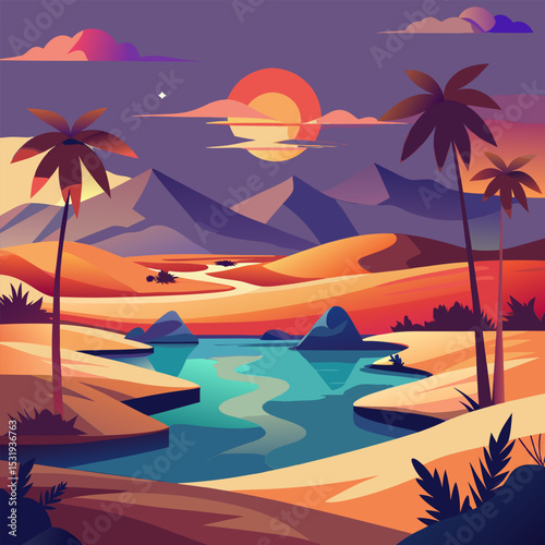 Sunset Oasis. Serene Desert Landscape with Palm Trees and Mountains