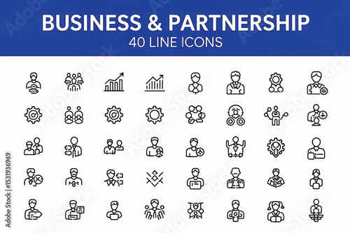Business Partnership Icon Set 40 Line Icons for Collaboration and Teamwork