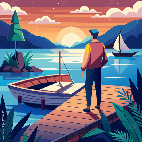 Tranquil Sunset. Serene Lake View with a Man on a Pier