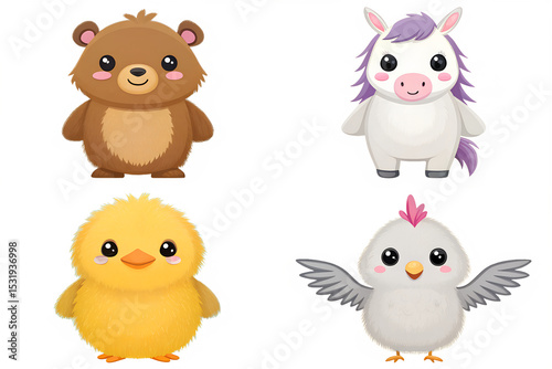 Wallpaper Mural Adorable Cartoon Animals Bear, Unicorn, Chick, and Hen Illustrations Torontodigital.ca