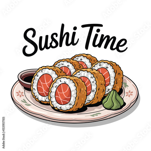 Sushi time design, Plate filled with pieces of Japanese food sushi with wasabi vector illustration.