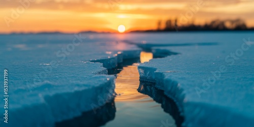 Sunset over frozen lake with cracking ice