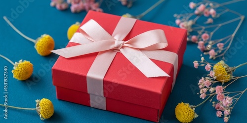 Red gift box with pink ribbon and dried flowers