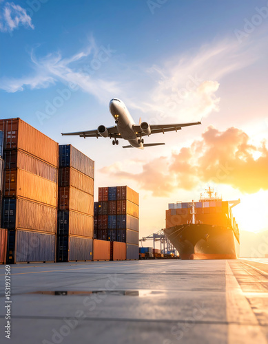 A cargo airplane flies above stacked shipping containers and a container ship at a port during a vibrant sunset