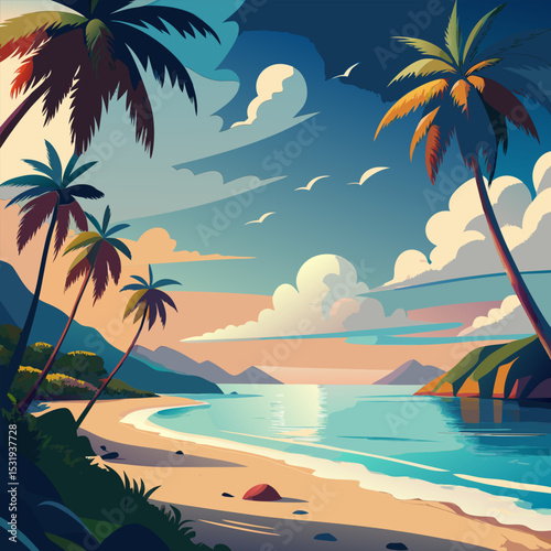 Serene Tropical Beach at Sunset. Palm Trees. Ocean. and Sandy Shores