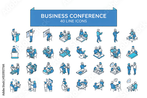 40 Business Conference Line Icons Meeting, Teamwork, Presentation & Collaboration