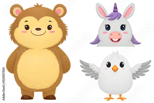 Wallpaper Mural Adorable Cartoon Animals Bear, Unicorn, and Chick Illustrations Torontodigital.ca