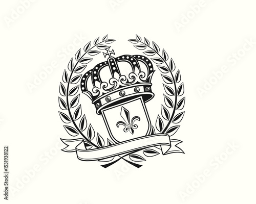 A royal crown, laurel wreath, and heraldic shield