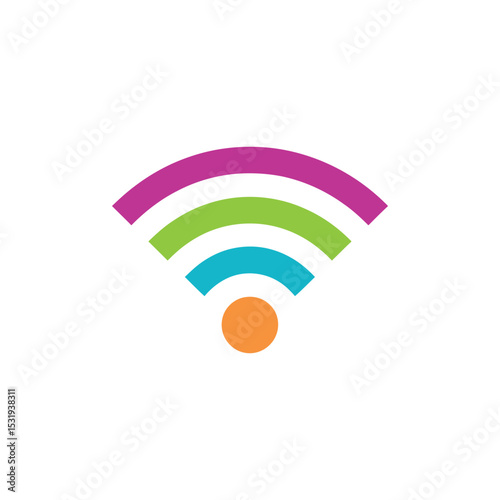Colorful Wifi Symbol with Orange Circle and Pink, Green and Blue Arcs on White