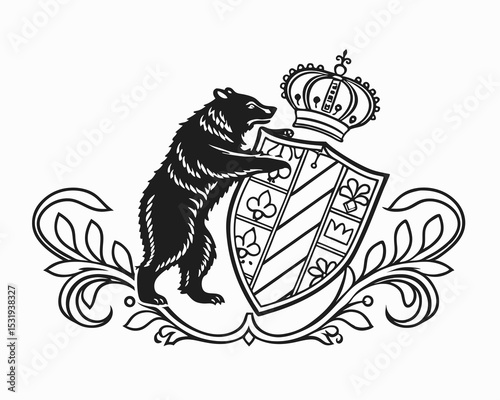 Royal crown, elaborate shield design, black and white illustration, and a bear crest