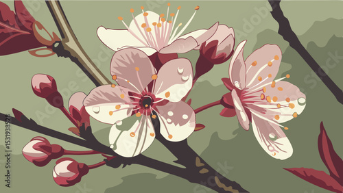 Beautiful pink cherry blossom flowers bloom on a tree branch in spring, showcasing the delicate beauty of nature's floral artistry