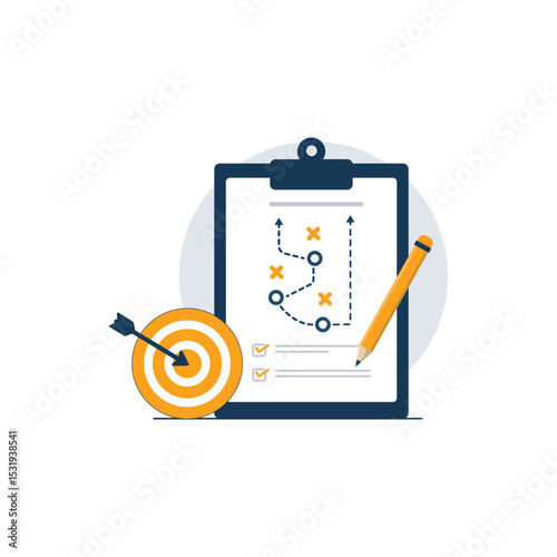 Clipboard with Business Strategy and Goal Arrow Vector Illustration. Business Strategy Concept Design