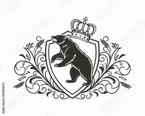 Heraldic bear crest, ornate shield design, royal crown, black and white illustration