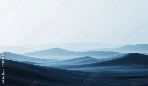 Fototapeta Naklejka Na Ścianę i Meble -  Minimalist digital art of endless blue sand dunes in monochromatic gray and navy hues, with distant mountains on the horizon evoking tranquility and solitude for design projects