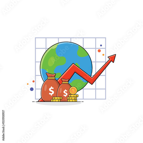 Globe with Money Bag and Coin Stack Vector Illustration. Global Economy Concept Design