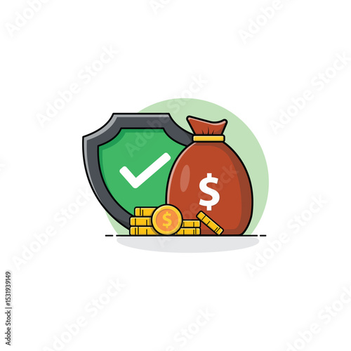 Money Bag and Coin Stacks with Shield Vector Illustration. Secure Finance Concept Design
