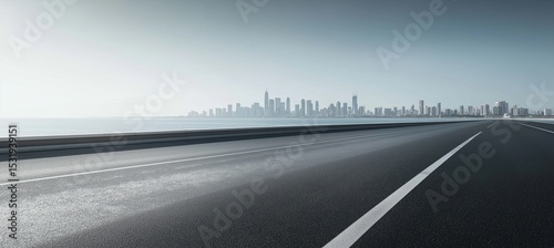 Minimalist urban highway with reflective asphalt leading to Dubai skyline over ocean horizon, featuring white markings and soft lighting for enhanced depth and texture