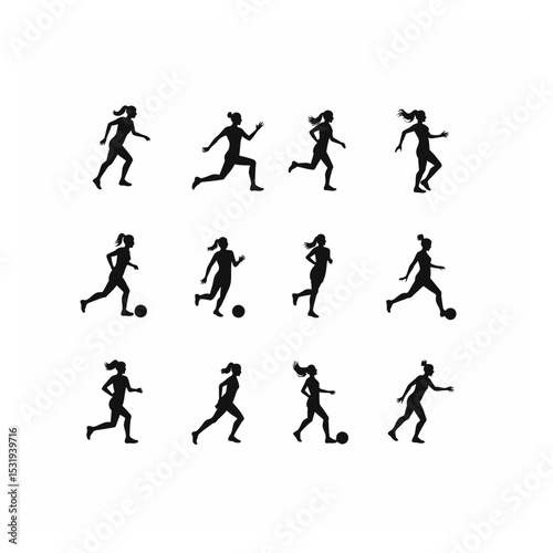 Female soccer players silhouettes action poses sports