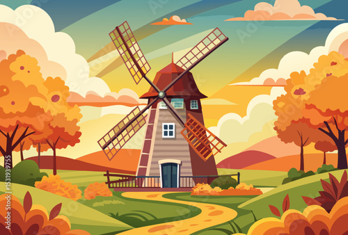 Autumn Landscape with Windmill. A picturesque view of a charming windmill in a vibrant fall setting.