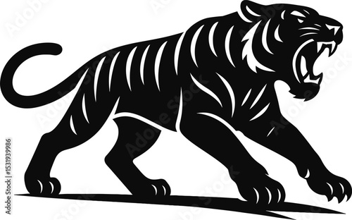 A roaring tiger silhouette with dynamic motion lines, vector art, white background