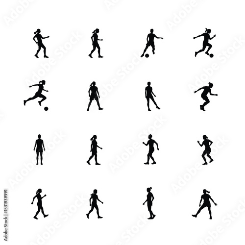 Twelve female soccer player silhouettes action poses