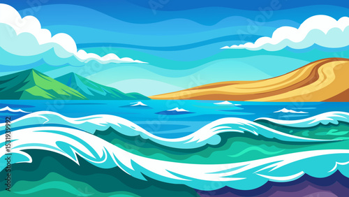 Serene Coastal Landscape. Ocean Waves and Sandy Beach