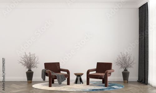 Home and decoration and modern living room interior design and cozy red arm chairs on empty white wall pattern background and plants decor