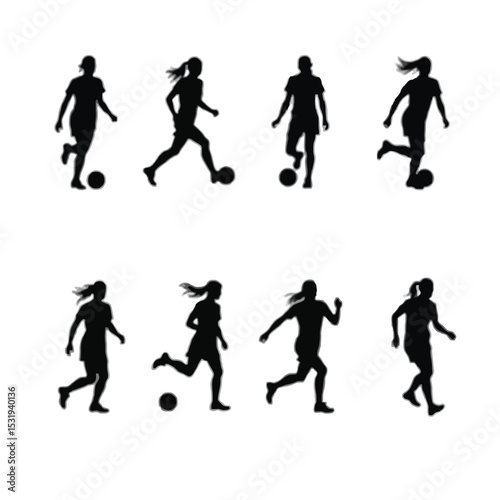 Eight female soccer player silhouettes action poses