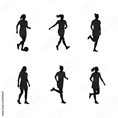 Six female soccer player silhouettes action poses