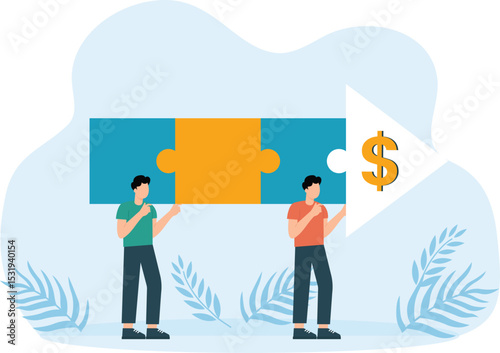 The white-collar workers walked forward with the euro and yuan and yen with pound and dollar with puzzle arrows.
