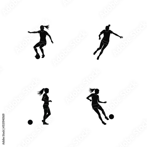 Female soccer players silhouettes action poses sports