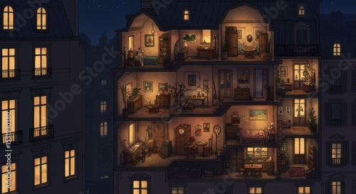 Detailed illustration of a multi-story urban building at night, showing a cross-section view of illuminated apartments