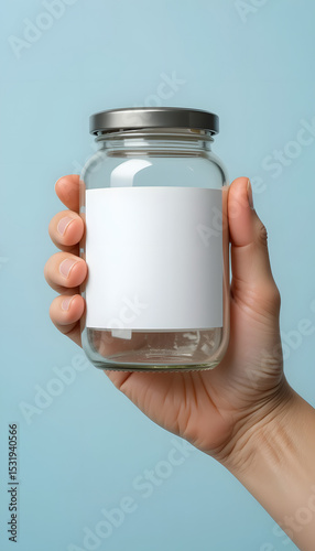 glass jar mockup with blank white label.