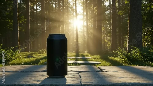 Black metal beverage can in a forest at sunrise