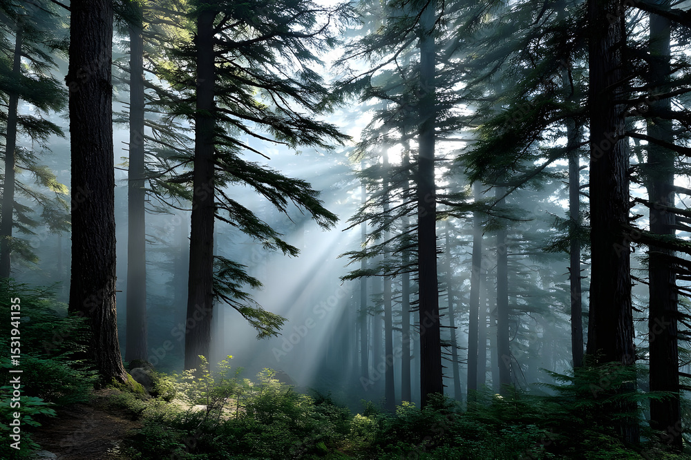 Obraz premium Sunbeams illuminating a misty forest path