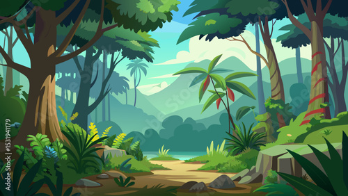 Serene Jungle Landscape. A Tranquil Path Through Lush Greenery