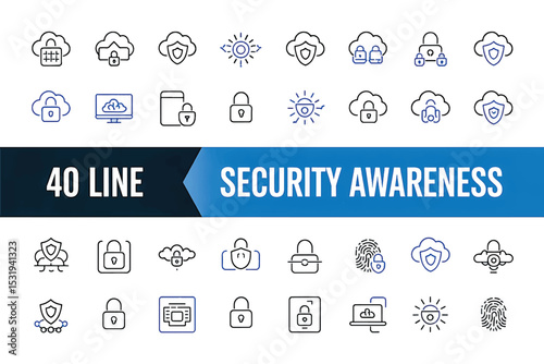 Comprehensive Security Awareness Icon Set 40 Line Icons for Data Protection and Cybersecurity