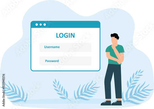 Entering personal email and security concept. Smiling man standing near login username and password and signing.
