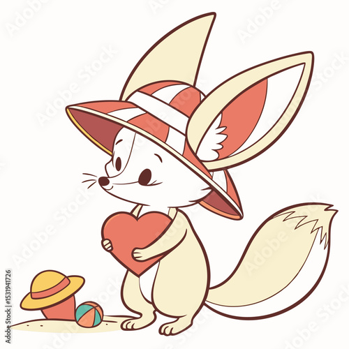 Playful Fennec fox illustration Beach day SVG (holding a heart)