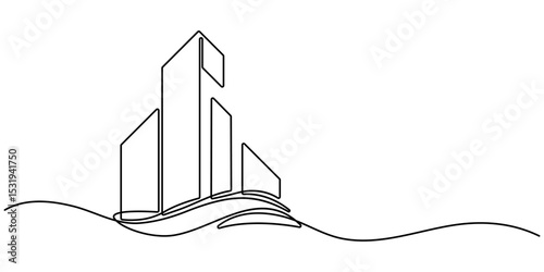 Continuous one line drawing modern building architecture. Flat roof house or commercial building in continuous line art drawing style. Real estate building in single line draw illustration. 