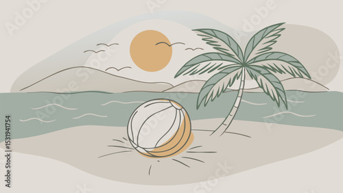 Serene Beach Sunset. Volleyball and Palm Tree on Sandy Shore