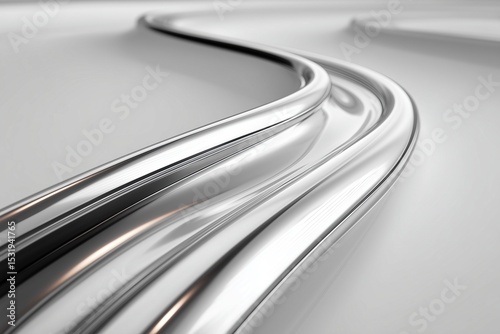 Abstract 3D chrome ribbon twisting on white, polished metal surface, luxury car advert style