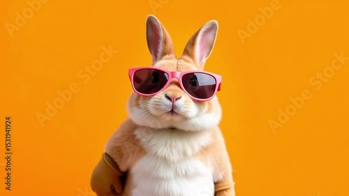 A Cool Bunny Rabbit in Sunglasses Gives a Thumbs Up Gesture against a Vibrant Orange Background