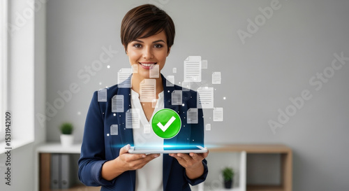 Smiling Woman Holding Digital Tablet with Virtual Documents and Green Checkmark in Office