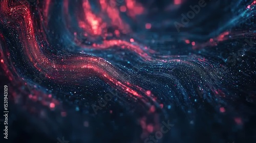 Abstract flowing digital wave with glowing red and blue particles creating a dynamic, futuristic, and technological visual effect.
